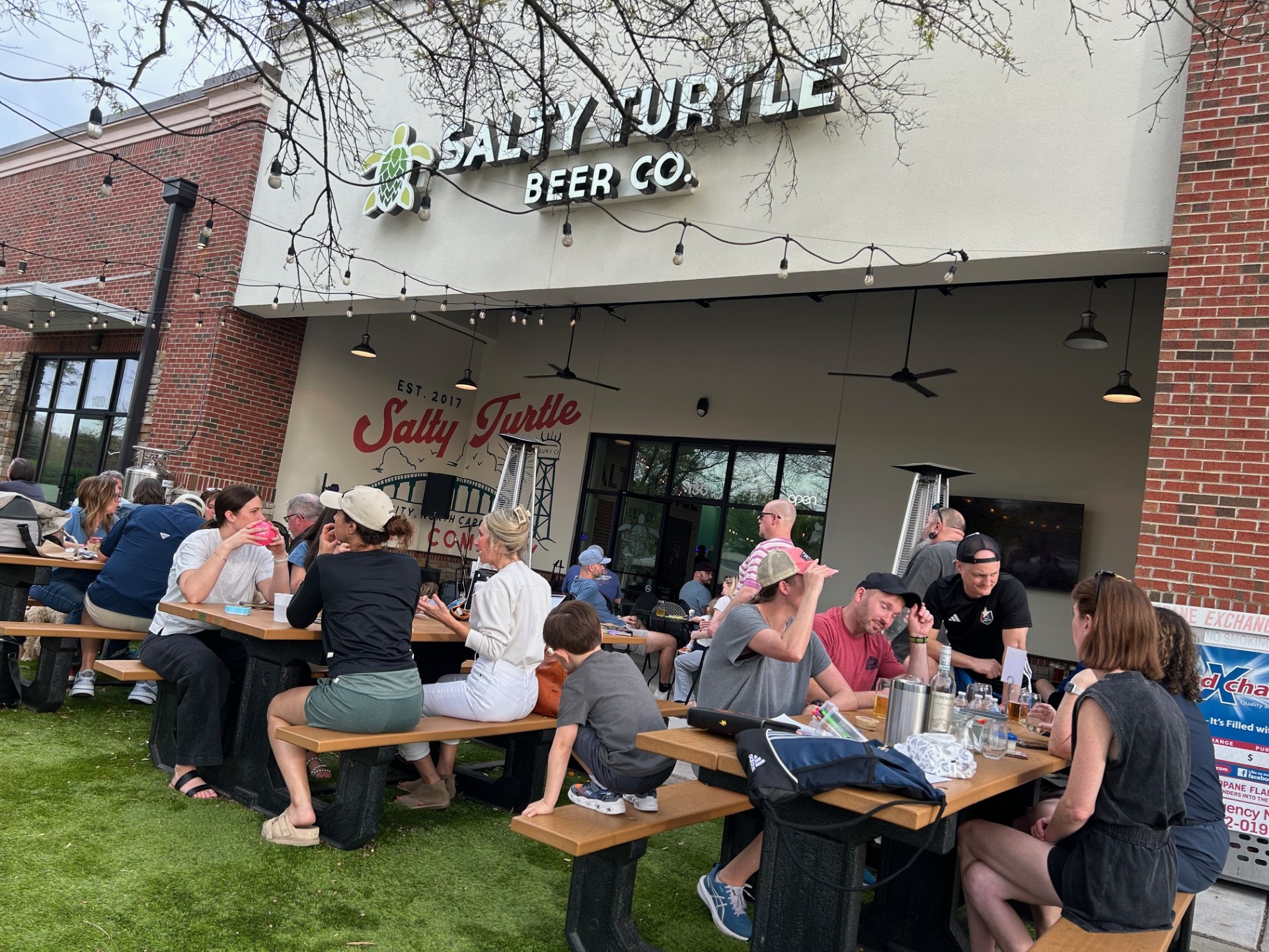 Patio seating at Salty Turtle Beer Co., a local brewery near Wakefield